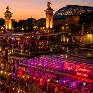 Iconic Paris guinguette culture with sunset drinks, DJs, dancing, and open-air terraces at Buttes Chaumont and along the Seine.