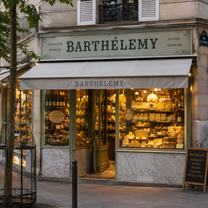 Inside Fromagerie Roland Barthélémy in Paris, a curated selection of fine French cheeses is artfully displayed across a rustic wooden counter. Creamy Bries, aged Tommes, and delicately wrapped rounds of goat cheese fill the elegant space with warmth and charm. A true neighborhood gem recommended by TLC Paris, where tradition and taste meet in every detail.