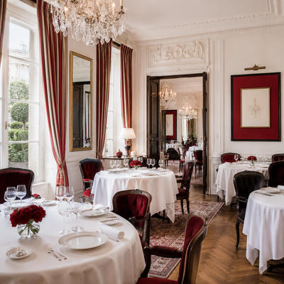 An elegant and timeless dining room adorned with chandeliers, gilded moldings, and luxurious tapestries, exuding classic French refinement. White tablecloths, fine porcelain, and meticulously arranged dishes create a sophisticated ambiance. The intimate lighting and grand 17th-century decor of this Michelin three-star restaurant enhance the sense of exclusivity and culinary excellence.