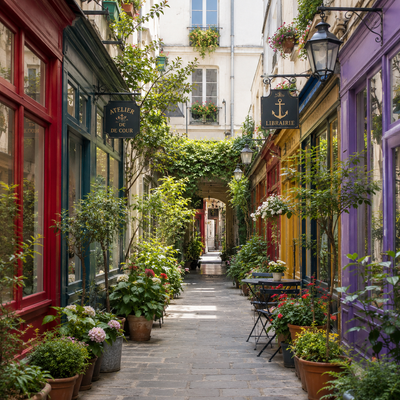Passage de l’Ancre – A Hidden Ribbon of Color & Quiet
One of Paris’s oldest passages, this charming lane bursts with blue shutters, greenery & poetic calm. Let TLC Paris Concierge guide your steps.