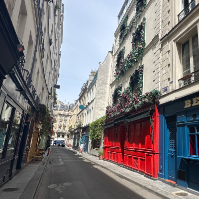 The bright red façades of Rue Princesse have become part of the street's identity, standing out among the cream-colored buildings of the neighborhood. Small bars, wine spots, and restaurants line the street almost wall-to-wall, creating one of Saint-Germain's most social evening atmospheres.