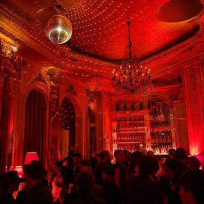 A stunningly ornate, baroque-style cocktail lounge with opulent decor, deep red velvet seating, and golden chandeliers. The intimate ambiance is accentuated by dim lighting, exquisite drinks, and live music performances, making it a must-visit for cocktail and culture lovers in Paris. TLC Paris invites you to experience this hidden gem of Parisian nightlife.