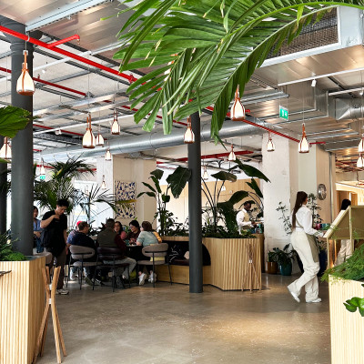 The café features a simple industrial vibe, filled with greenery and overlooking the Seine and La Samaritaine.