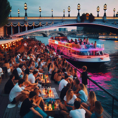 Iconic Paris guinguette culture with sunset drinks, DJs, dancing, and open-air terraces at Buttes Chaumont and along the Seine.