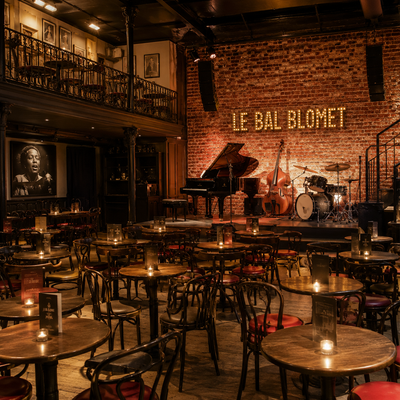 Le Bal Blomet, a historic jazz and cabaret venue in Paris, known for its elegant atmosphere and live performances — experience timeless Parisian nightlife with TLC Paris concierge service.
