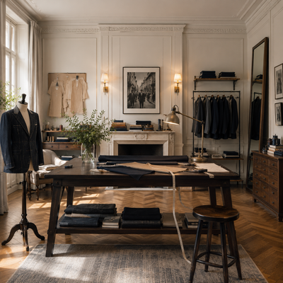 Jonas & Cie – Parisian craftsmanship captured by TLC Paris. In this image, a tailor expertly handcrafts a bespoke suit, highlighting the tradition and precision of French tailoring. The rich fabrics and intricate details showcase the artistry and sophistication that define Jonas & Cie’s legacy in the heart of Paris.