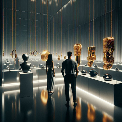 Surreal Lens — A man and woman mirrored in brushed gold & marble light. Between them, sculptural Celine pieces: a bold chain bracelet, a minimalist signet ring, a geometric pendant. Silver, onyx, & Parisian reflection — jewellery as modern architecture, calm, and precise - TLC PARIS