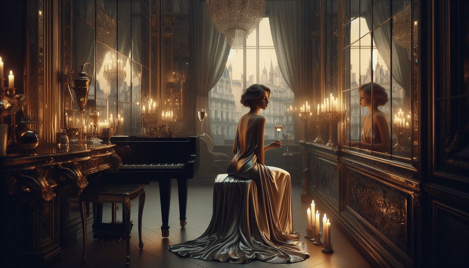 Armani Donna — liquid satin gown, sculpted neckline, tuxedo-influenced tailoring, evening poise