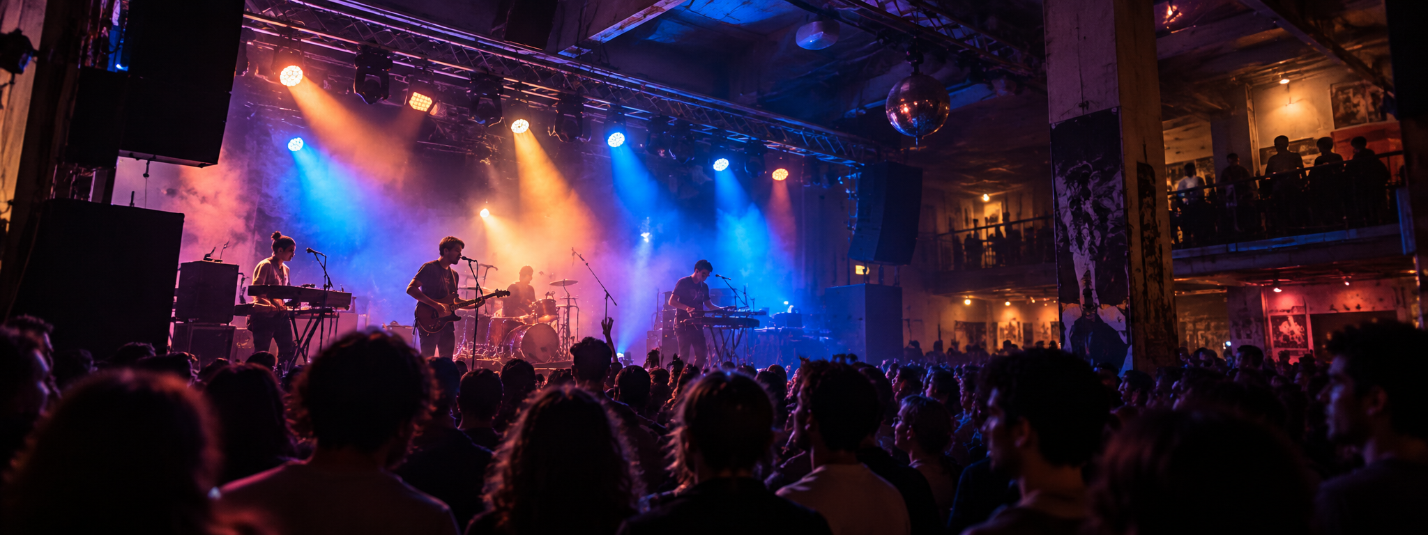 Artistic interpretation of an atmospheric live concert, with musicians and an audience in an industrial-style Paris venue