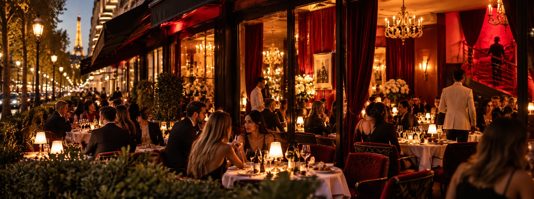 Artistic editorial scene of a glamorous Parisian brasserie during a lively candlelit evening
