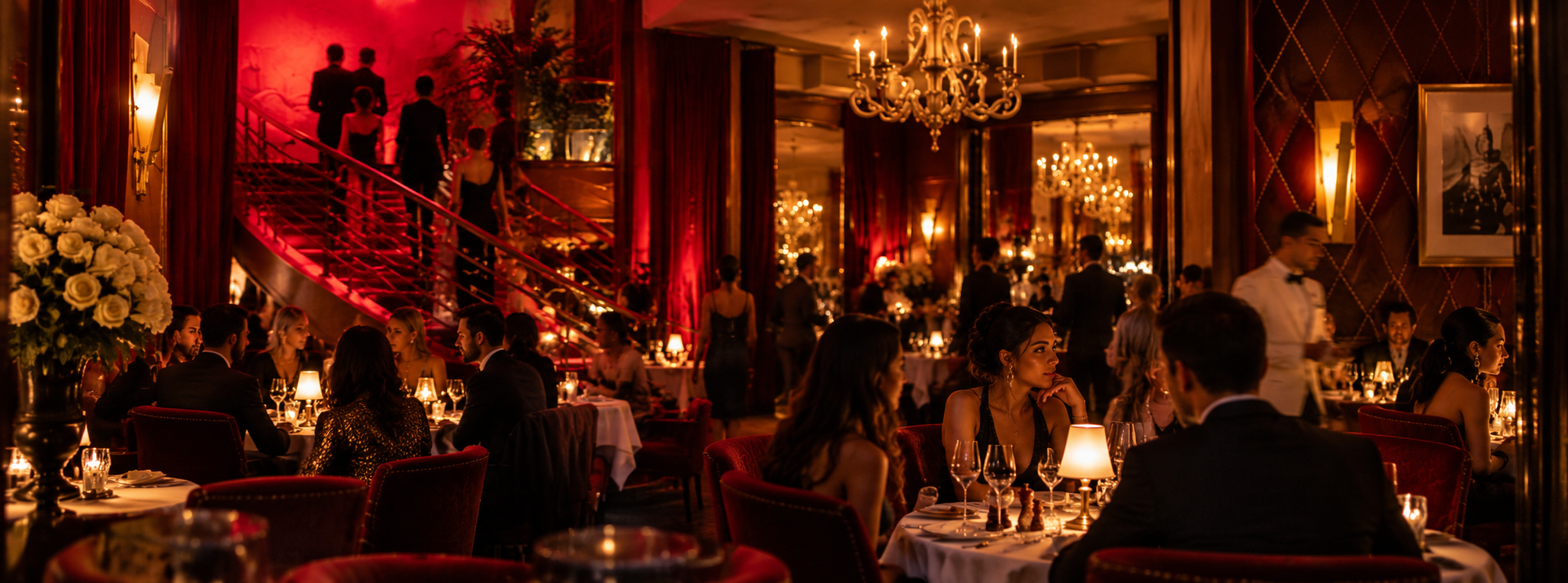 Artistic interpretation of an elegant candlelit Parisian dining room with deep red velvet tones and evening atmosphere