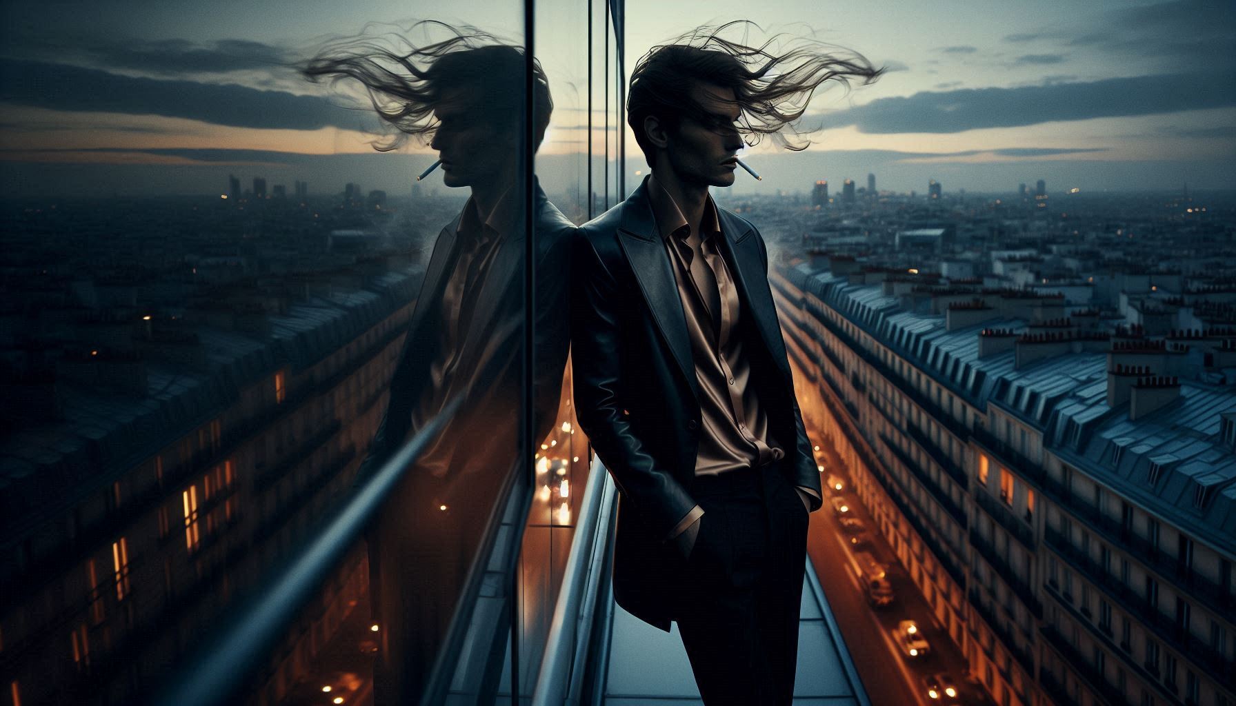 Celine Homme tailoring — clean shoulders, leather jacket, night-glow mood