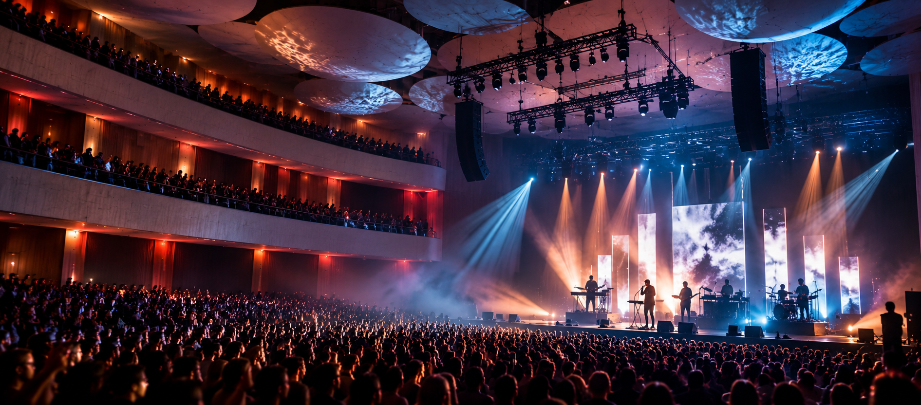 Artistic interpretation of a contemporary live concert with blue and coral lighting in a grand auditorium
