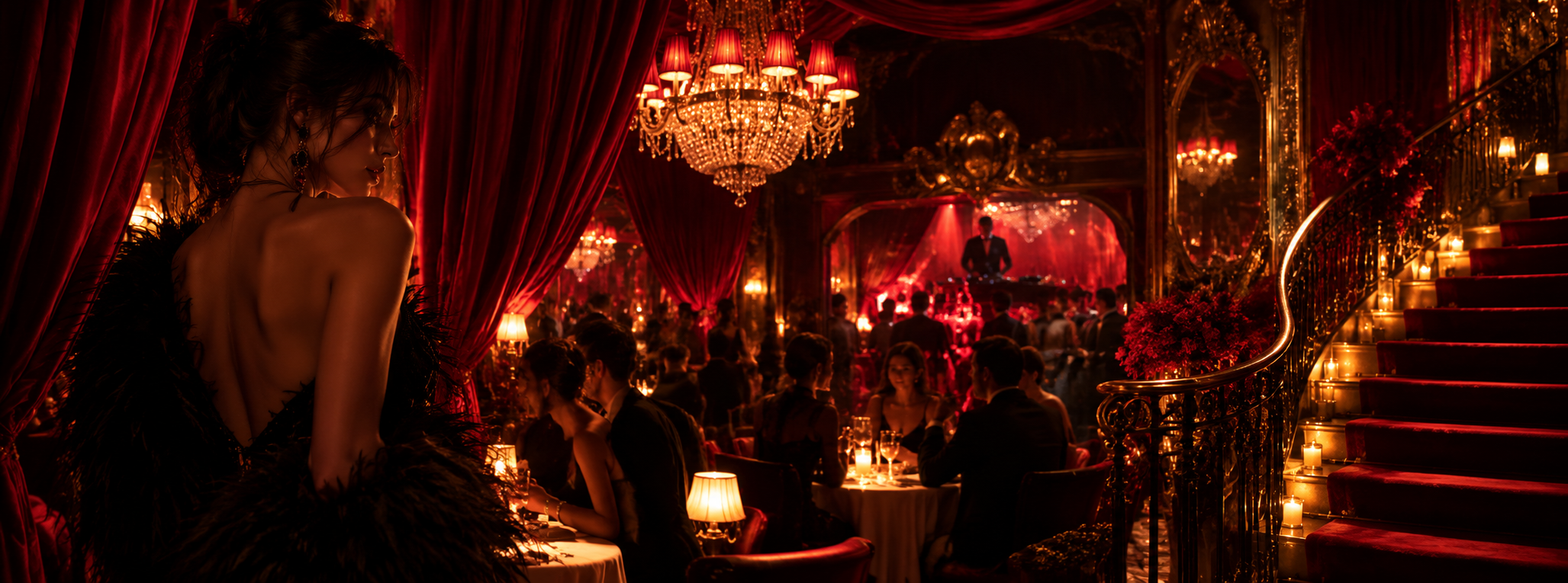 Artistic interpretation of Raspoutine Paris nightlife with crimson velvet, chandeliers and a DJ