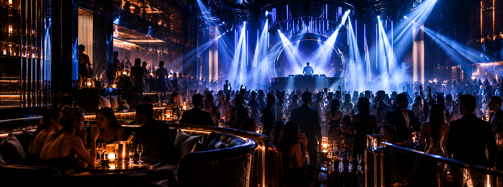 Artistic interpretation of a high-energy luxury nightclub with electric blue lighting, a DJ and a crowded dance floor
