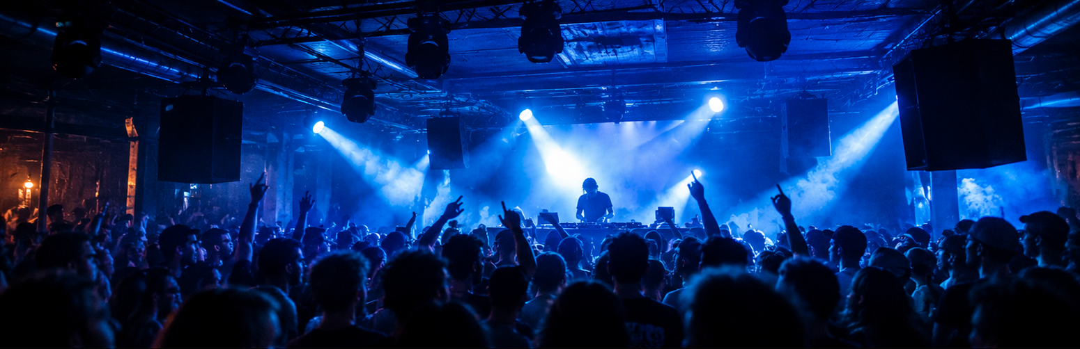 Artistic representation of an underground electronic music club with blue lighting and a dancing crowd