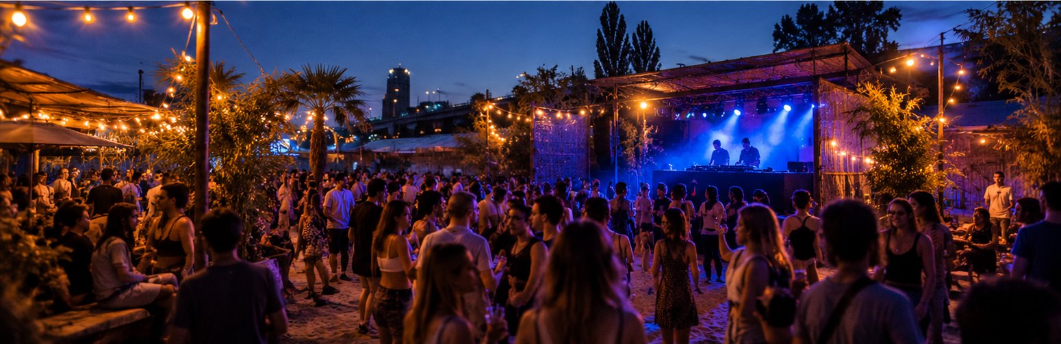 Artistic interpretation of an open-air electronic music gathering at dusk