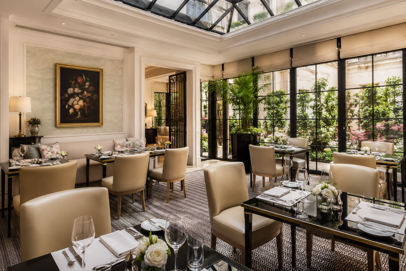 Bright conservatory dining room at Hôtel San Régis Paris featuring a glass roof, elegant interiors and garden-inspired ambiance.