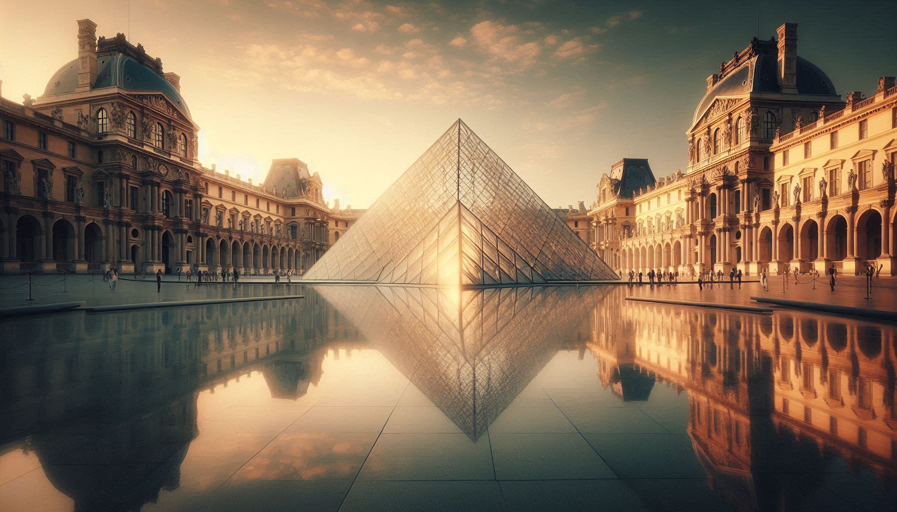 Louvre — glass pyramid glow, marble corridors, masterpieces in soft shadow