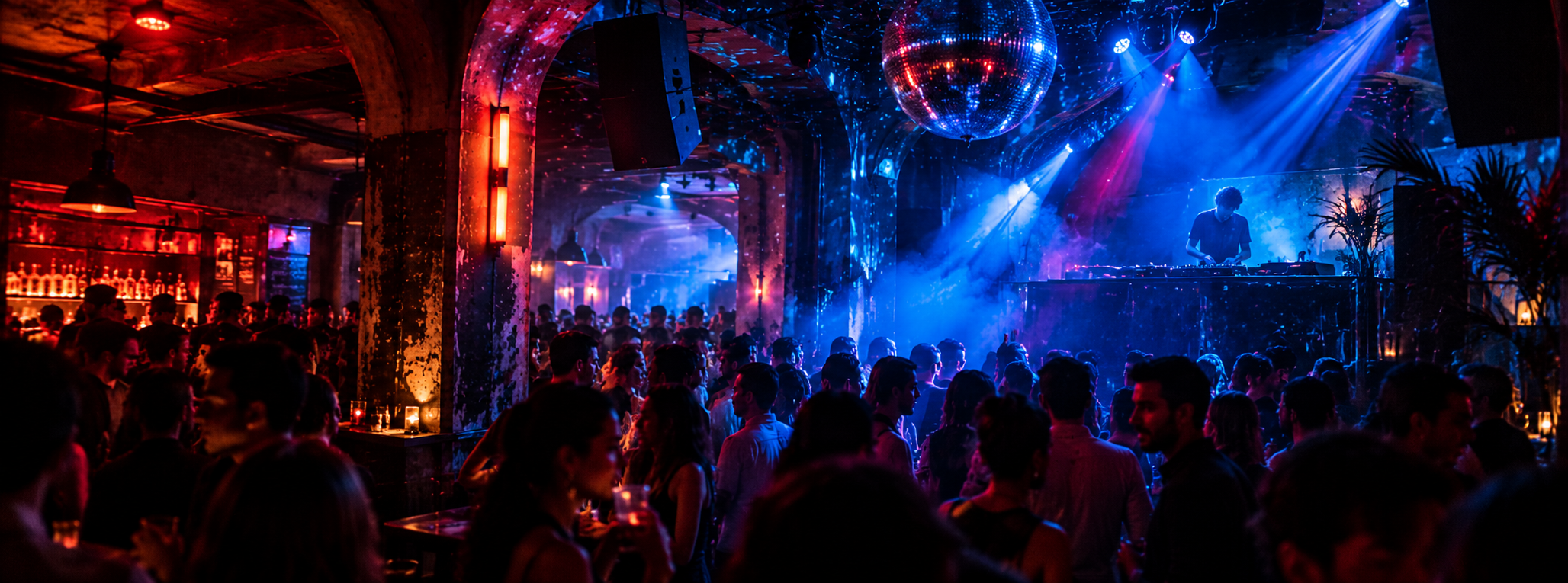 Artistic interpretation of a Paris underground electronic music venue illuminated by electric blue light
