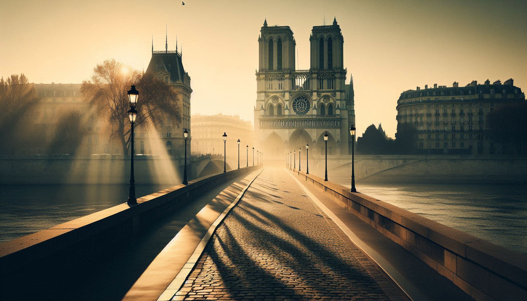 Notre-Dame Cathedral — gothic arches, stained glass glow and Seine reflections at blue hour