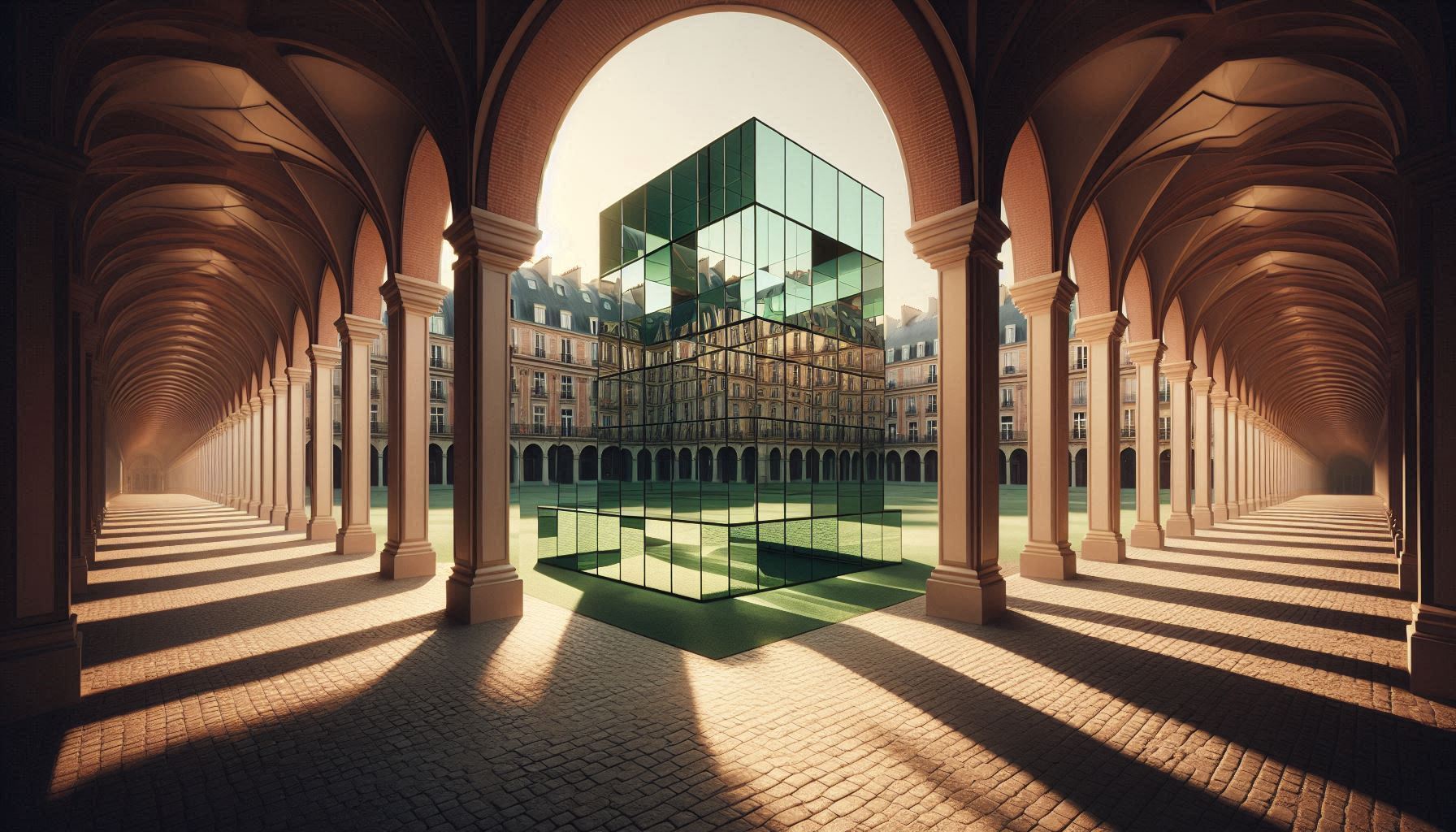 Place des Vosges — red-brick façades, central lawns and fountains framed by arcades