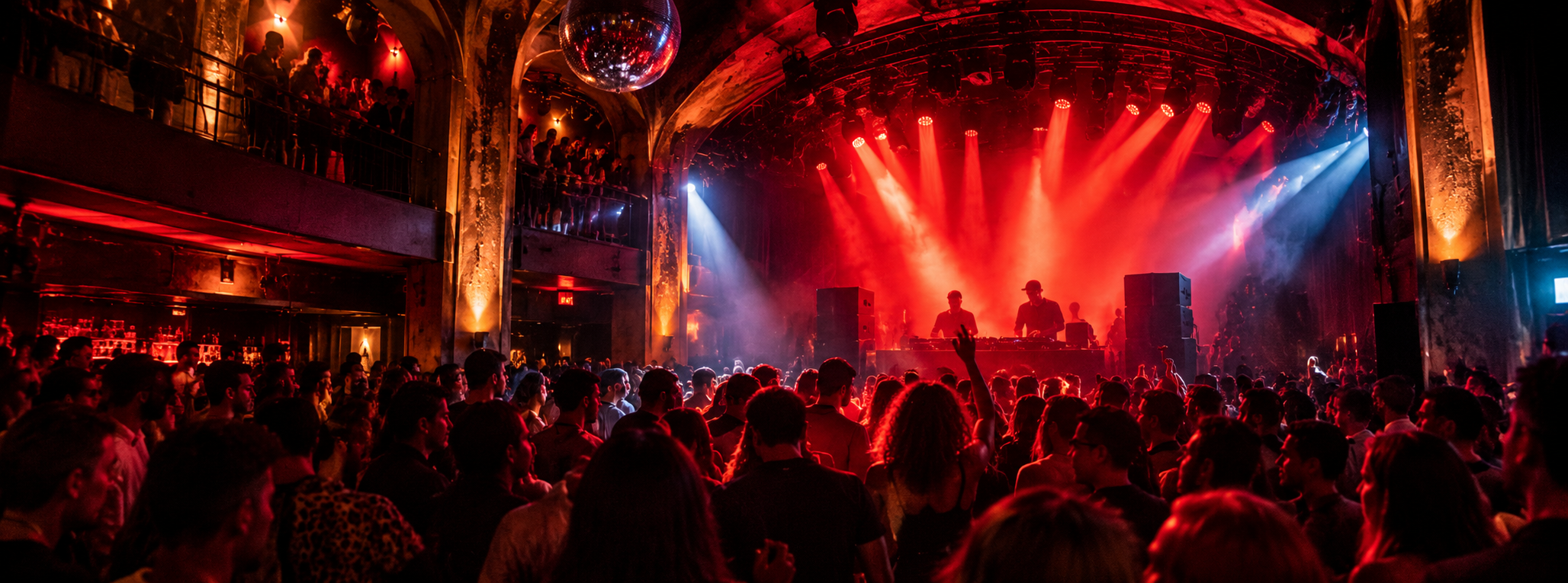 Artistic interpretation of an energetic underground Paris nightclub with red lighting and a crowded dance floor