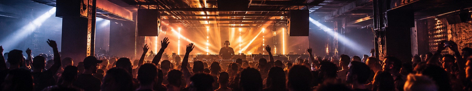 Artistic impression of an electronic music dancefloor in amber light, inspired by Rex Club Paris