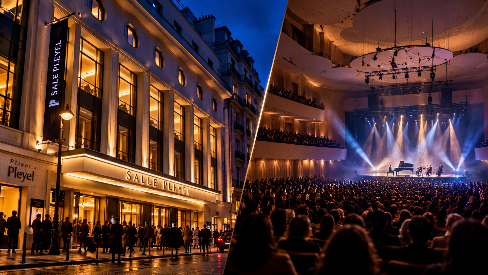 Artistic editorial interpretation of Salle Pleyel at night, showing its exterior and a concert atmosphere