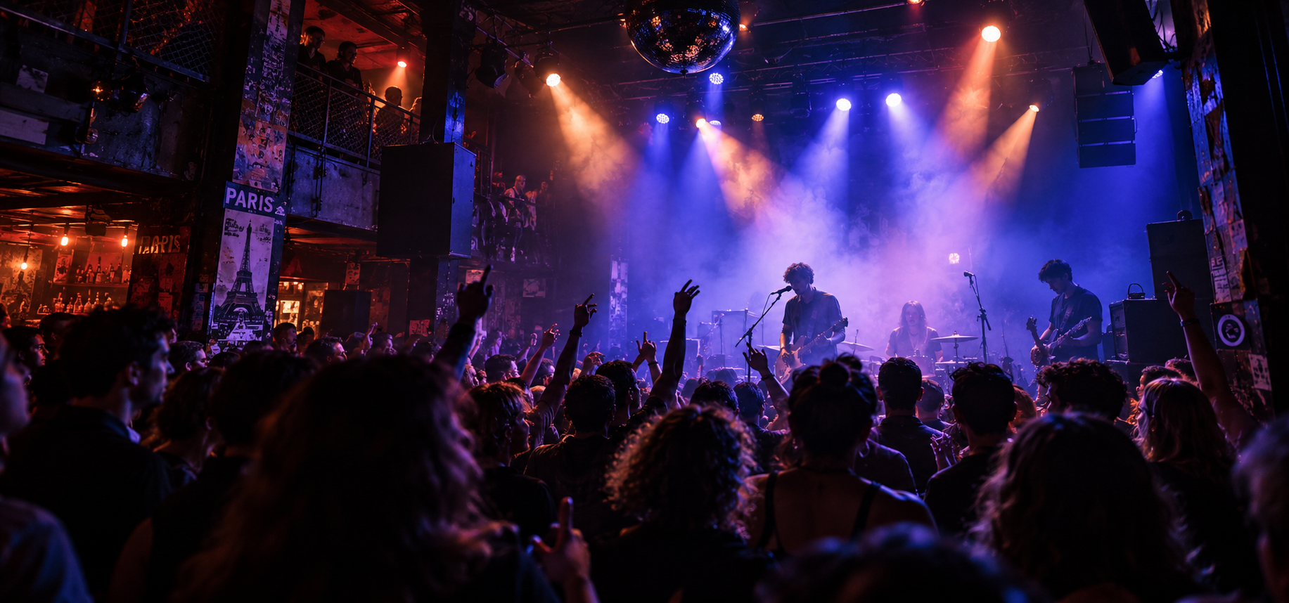 Editorial live music scene with concert crowd and dramatic stage lighting