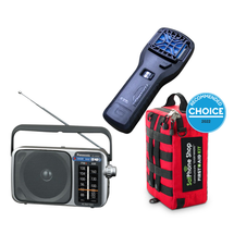 Camp comfort bundle with mosquito repeller, first aid kit and portable radio