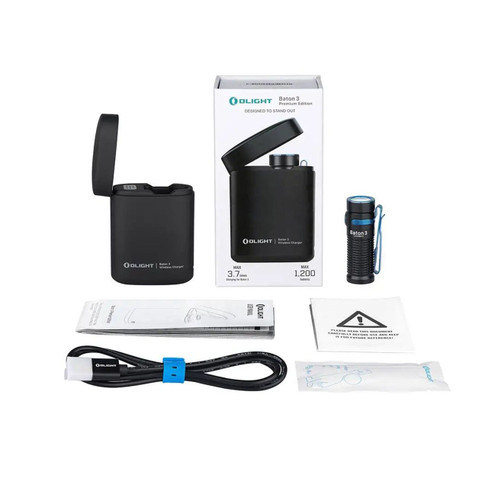 Olight Baton 3 Premium Edition flashlight with wireless charging case