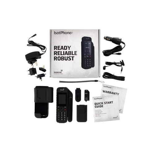 Inmarsat IsatPhone 2 kit contents including chargers and headset