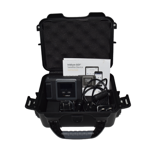 Iridium GO! rental kit contents displayed in case