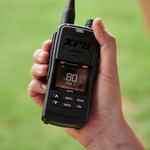 XRS-660 handheld UHF CB radio held in hand