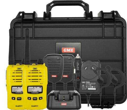 GME TX6165TP UHF CB handheld radio twin pack with accessories and carry case