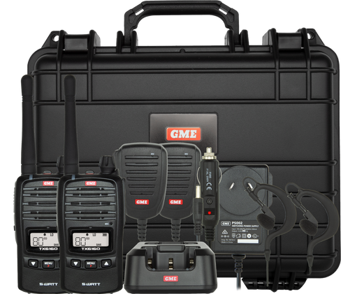 GME TX6165TP UHF CB handheld radio twin pack with accessories and carry case