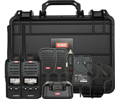 GME TX6165TP UHF CB handheld radio twin pack with accessories and carry case