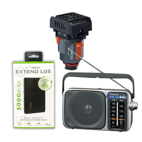 Backpacker off-grid bundle with mosquito repeller, power bank and portable radio