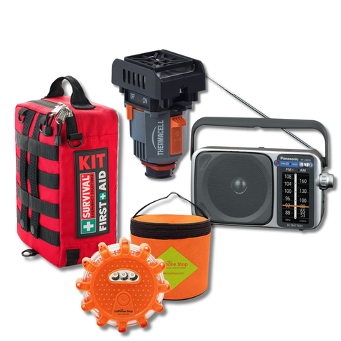 Backpacker ultimate safety bundle with mosquito repeller, first aid kit, road flares and radio