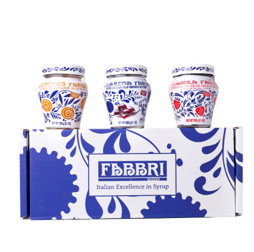 Fabbri Variety Pack with three jars amarena cherries, ginger and strawberries