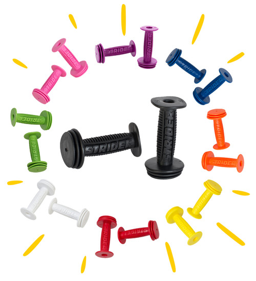 Multicolored Strider Mini Grips for a handlebar displayed in a circle with yellow doodles.
