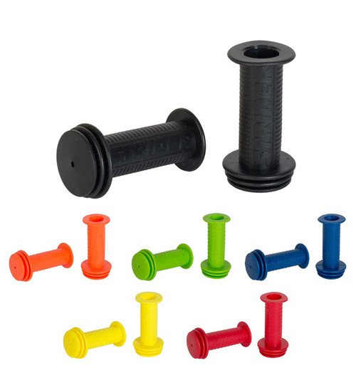 Studio image of multicolored Strider Classic Grips on a white background