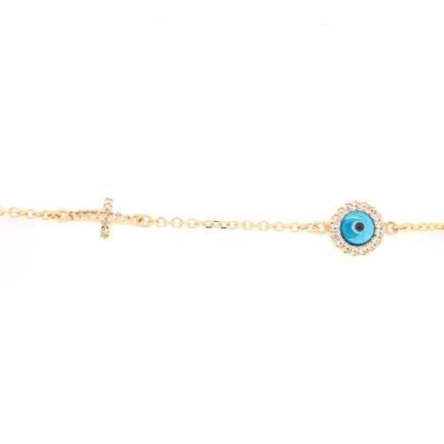 Cubic Evil Eye & Cross Bracelet - Yellow Gold Cubic Evil Eye & Cross Bracelet - Yellow Gold