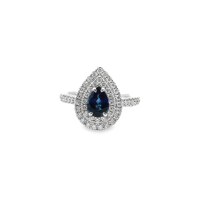 Blue Sapphire and Double Diamond Halo Ring