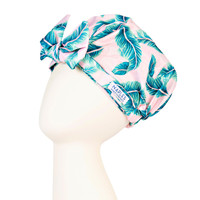 Tropical Leaves Pale Pink & Blue Reusable Stylish Shower Cap Side Zoom
