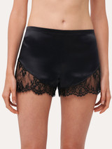 Black silk pyjama shorts with Leavers lace trim_1