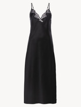 Black silk long nightgown with macramé_0