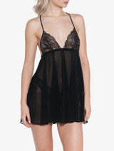 Silk Babydoll in Black with Leavers Lace_0