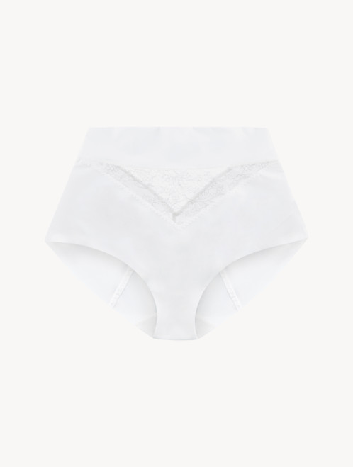 White Lycra control fit high-waist briefs with Chantilly lace